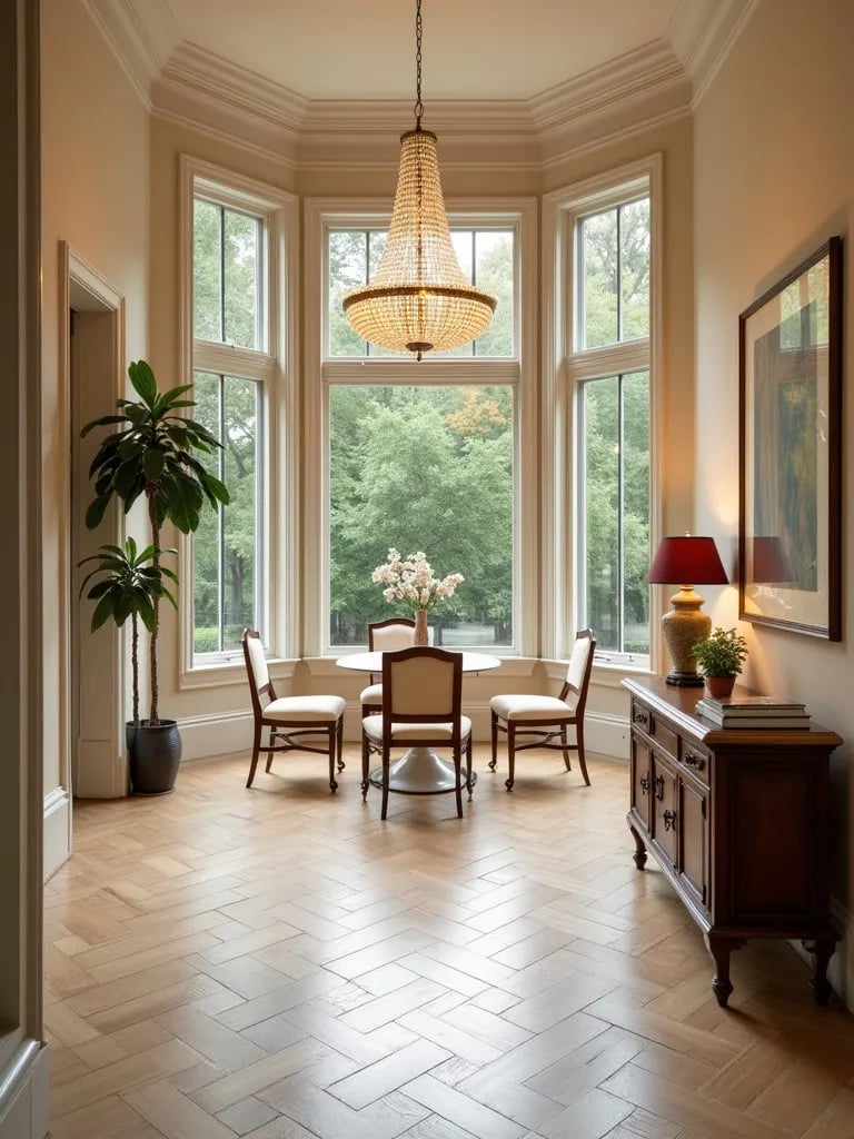Elegant dining room with herringbone pattern porcelain tile floor and crystal chandelier