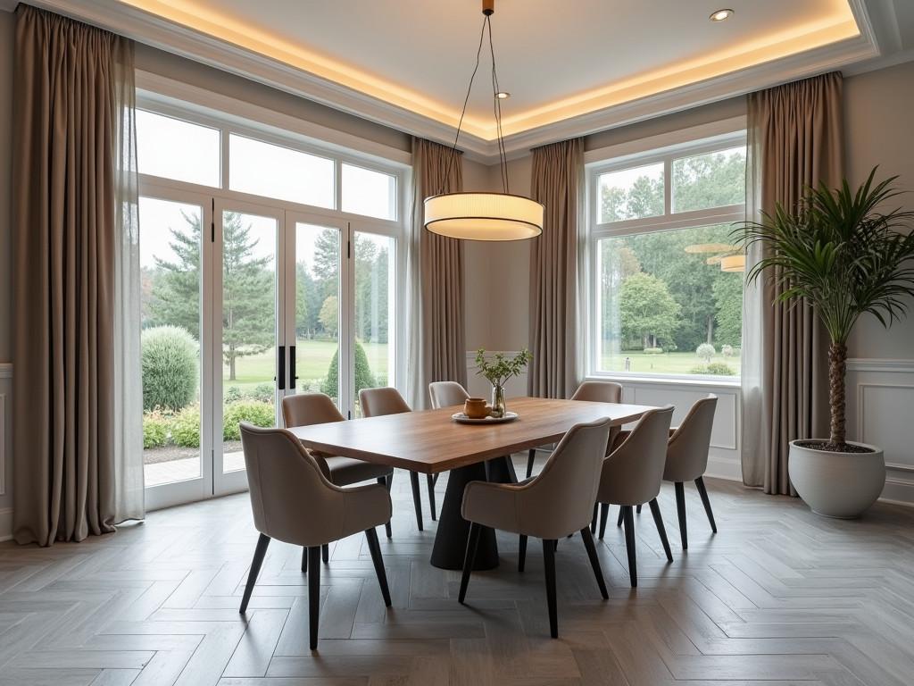 Elegant dining room with herringbone pattern porcelain tile floor