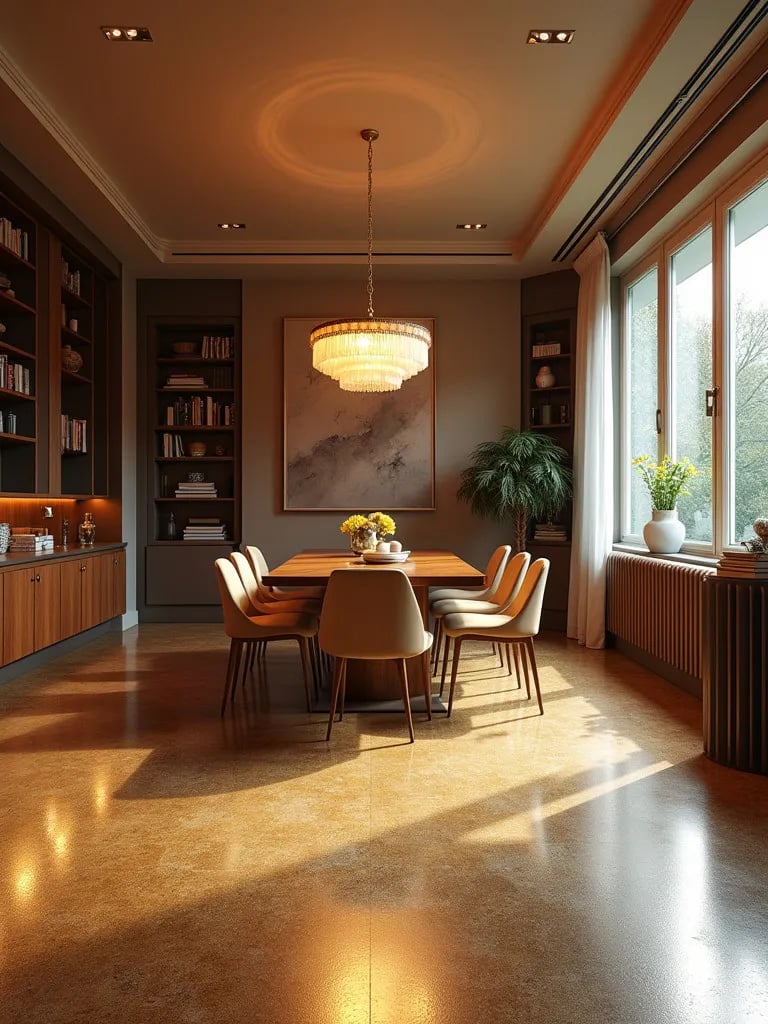 Elegant dining room with reflective gold metallic epoxy flooring