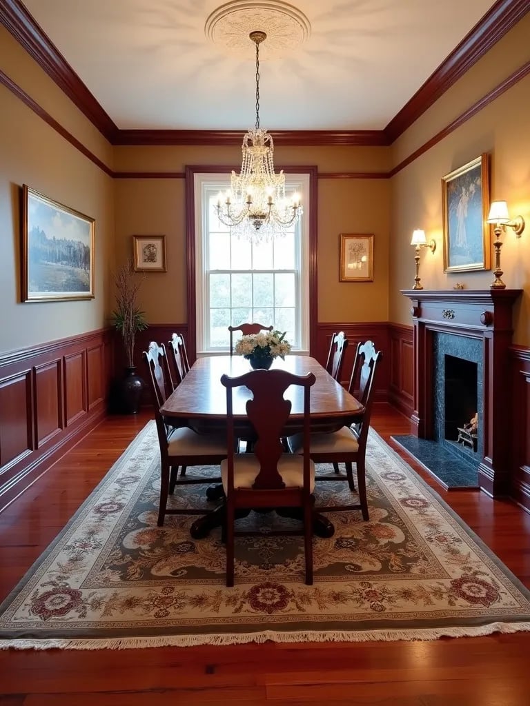 Elegant dining room with rich cherry hardwood flooring
