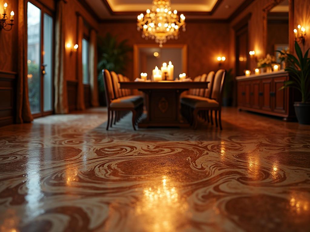 Elegant dining room with swirling metallic epoxy floor reflecting candlelight