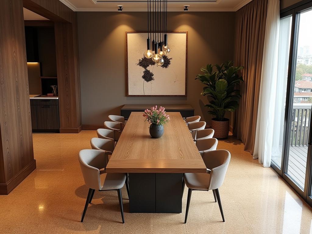 Elegant dining room with textured cork flooring and wooden furniture
