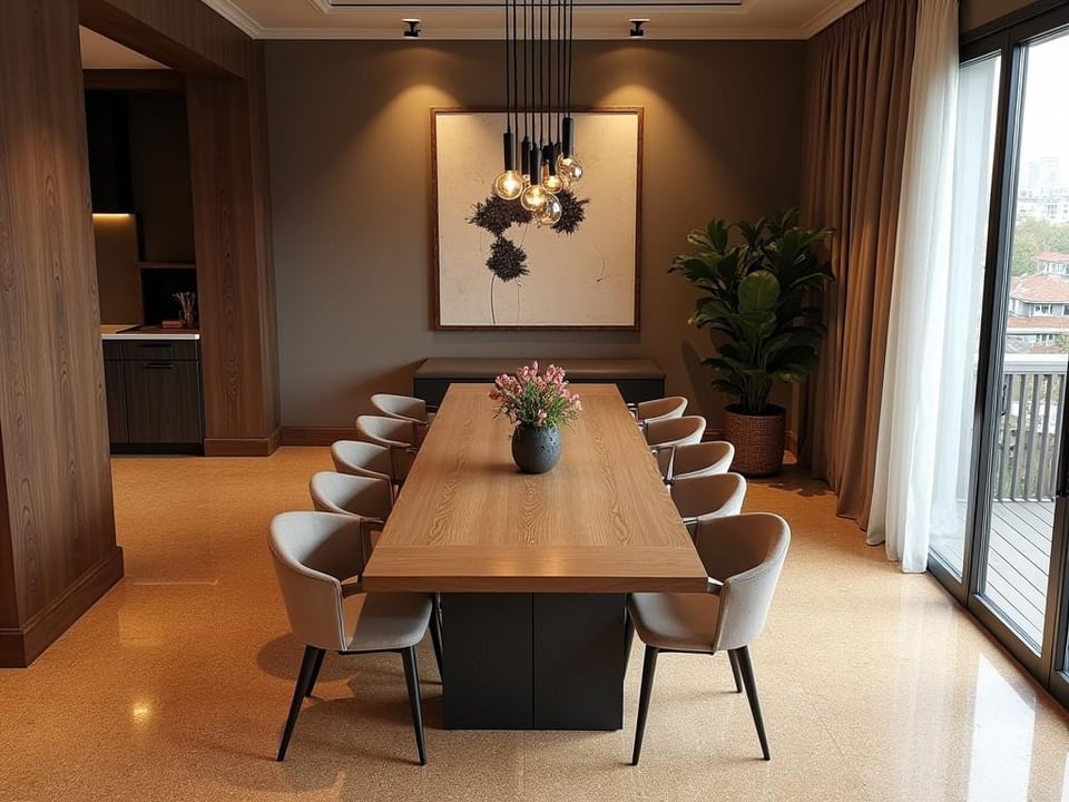 Elegant dining room with textured cork flooring and wooden furniture