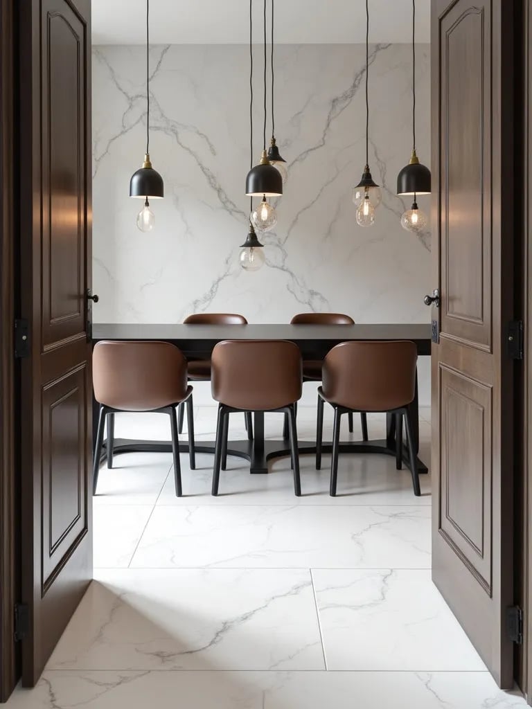Elegant dining space featuring marble effect floor, black table, and pendant lights