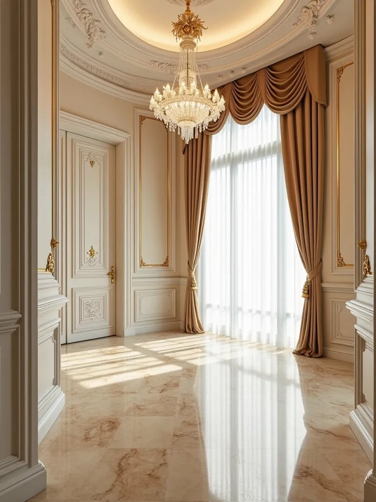 Elegant dining space featuring polished marble look tiles with gold veining and ornate moldings