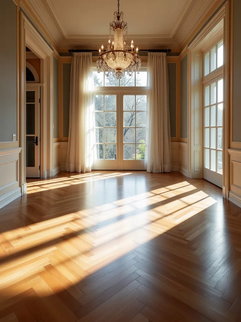 Elegant dining space with geometric maple flooring pattern