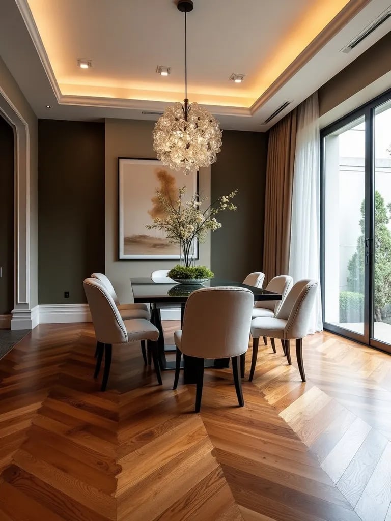Elegant dining space with unique tigerwood flooring