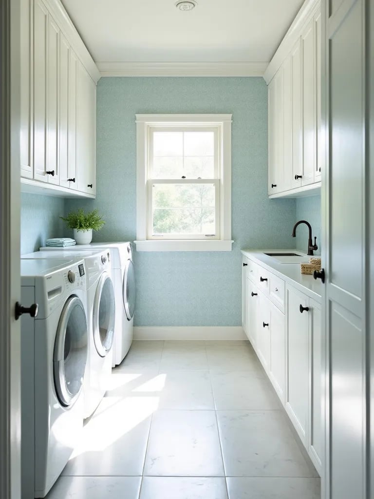 Elegant galley style laundry room featuring light blue wallpaper and tiled floor