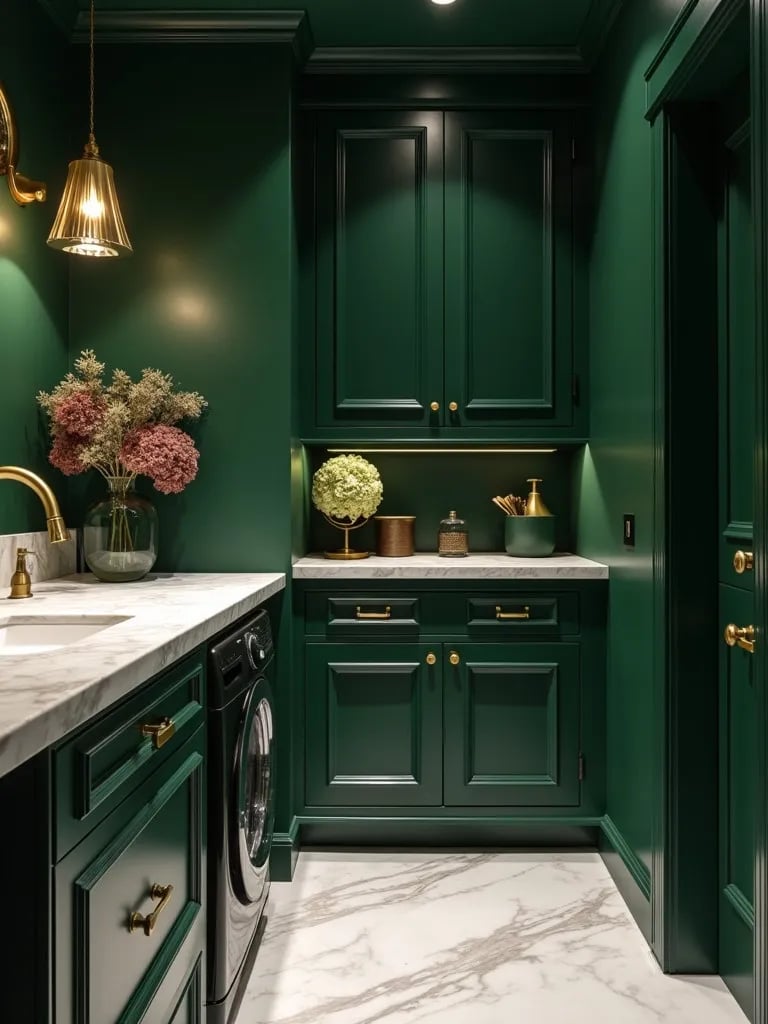 Elegant green laundry room with brass accents and marble countertops