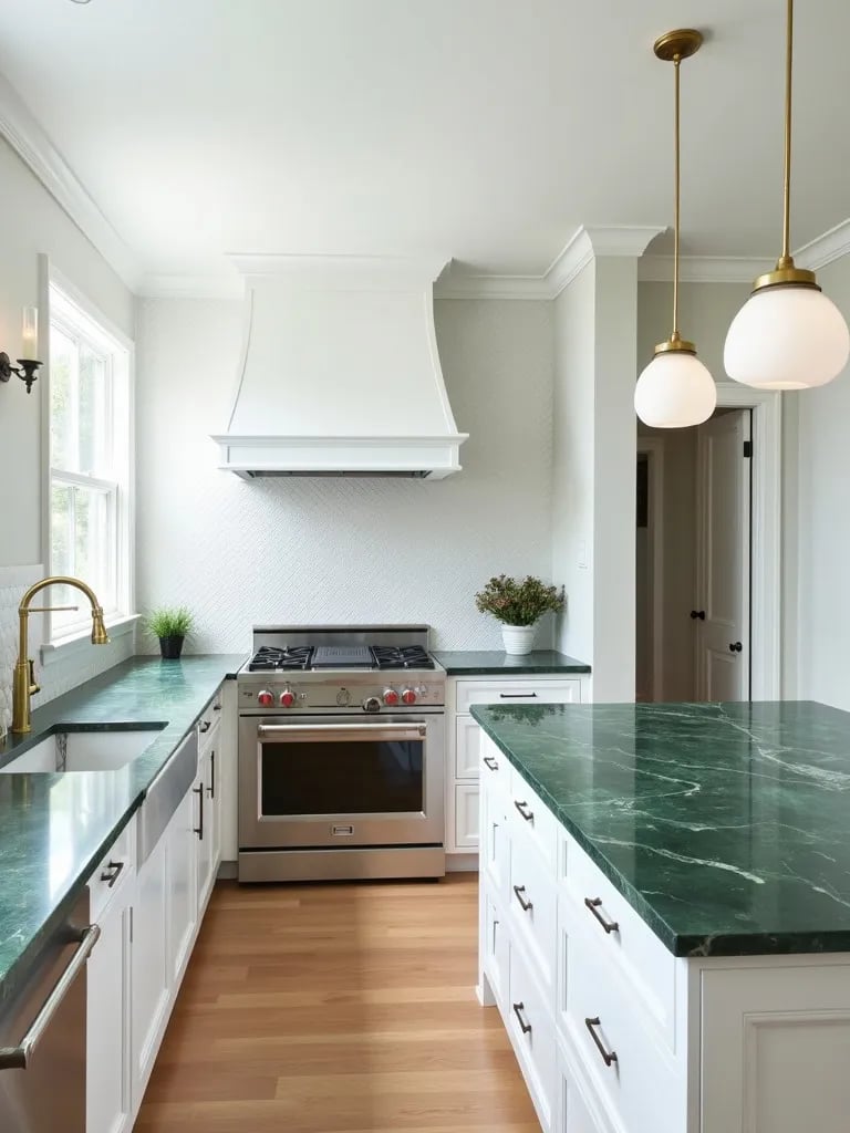 Elegant kitchen featuring white cabinetry, emerald counters, and herringbone backsplash
