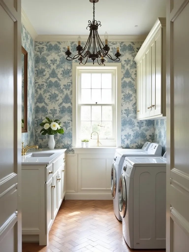 Elegant laundry room featuring French country decor and herringbone wood floor