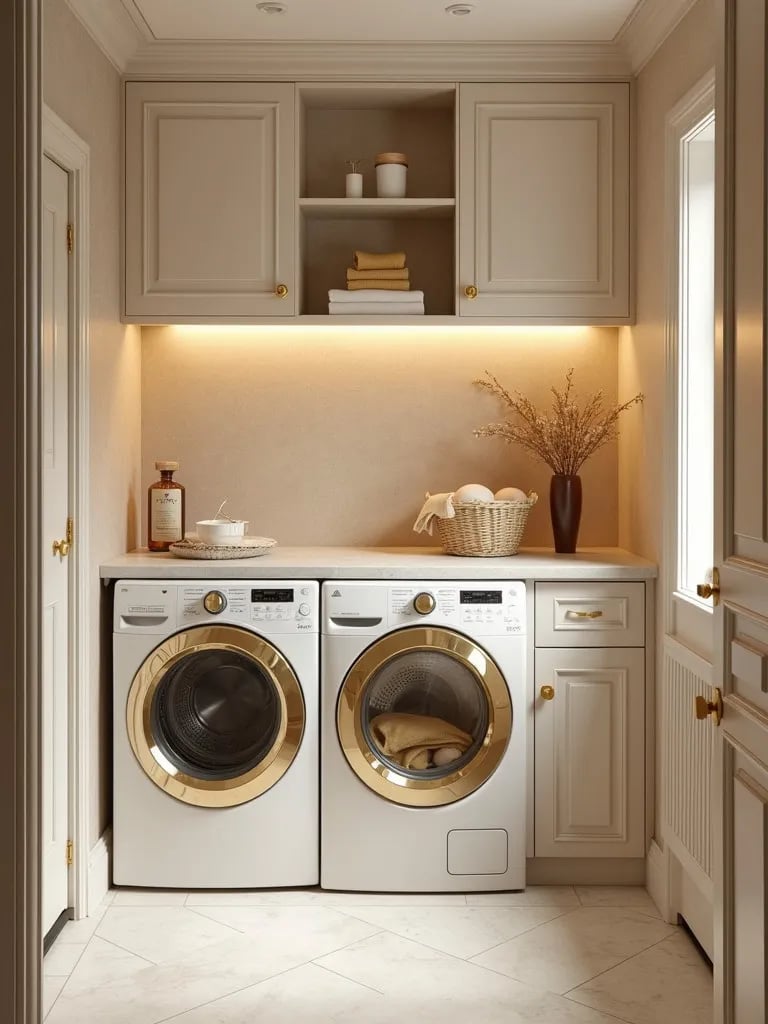 Elegant laundry room with champagne textured wallpaper and gold accented appliances