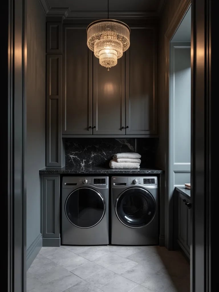 Elegant laundry room with charcoal walls, black marble, and crystal chandelier