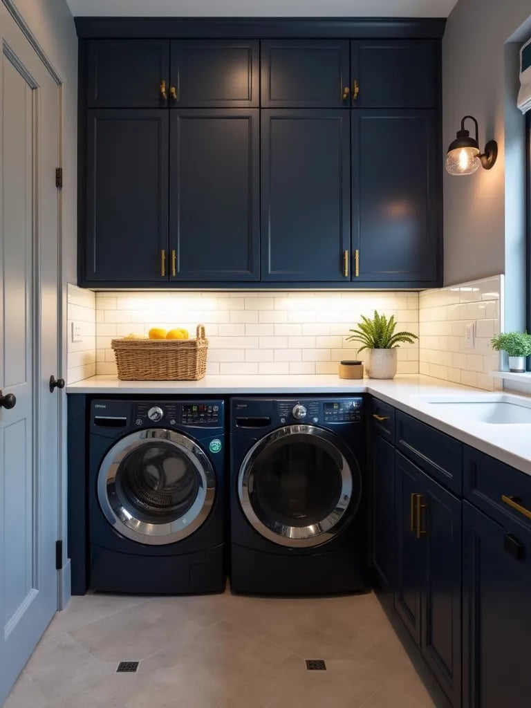 Elegant laundry room with navy cabinets, brass hardware, and white subway tiles