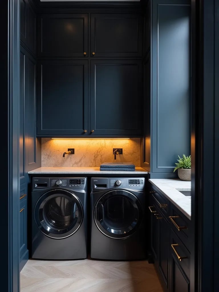 Elegant laundry room with navy walls, brass fixtures, and warm lighting