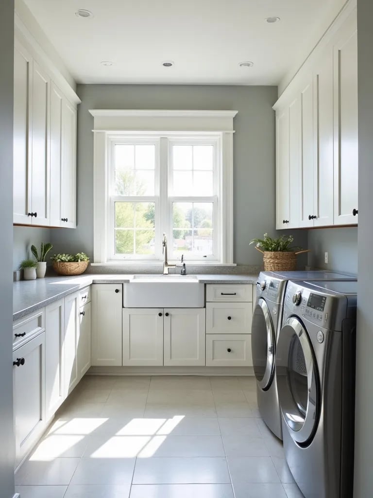 Elegant laundry room with white cabinets, gray walls, and stainless steel appliances