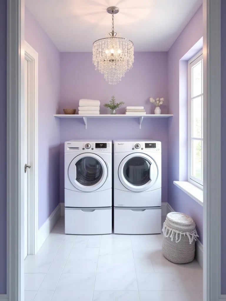 Elegant lavender laundry room with chandelier and silver details