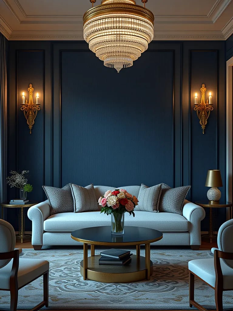 Elegant living room with navy grasscloth accent wall and brass fixtures