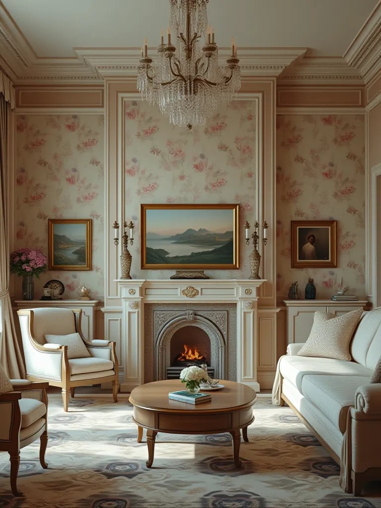 Elegant living room with pastel floral wallpaper and crystal chandelier