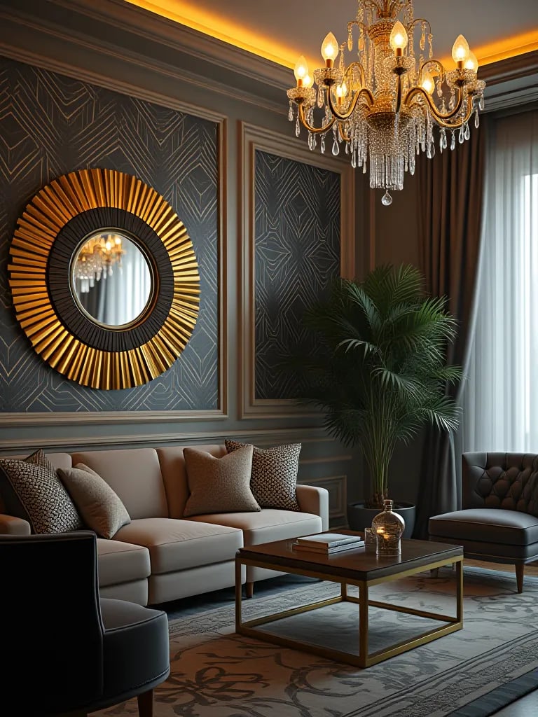 Elegant living space featuring bold gold wallpaper and art deco inspired decor