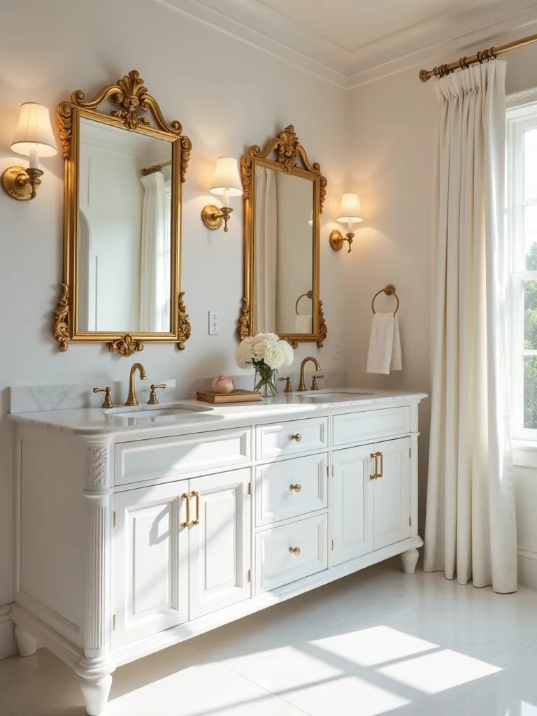 Elegant master bathroom featuring white double vanity with marble top