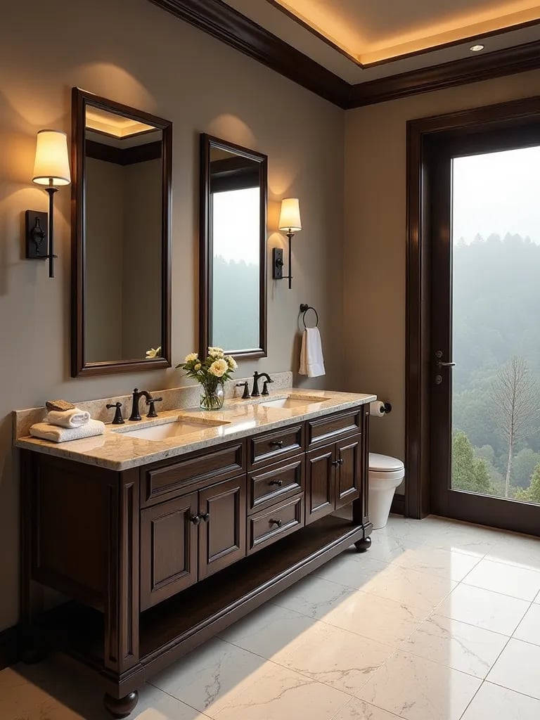 Elegant master bathroom with dark wood double sink vanity and pendant lights