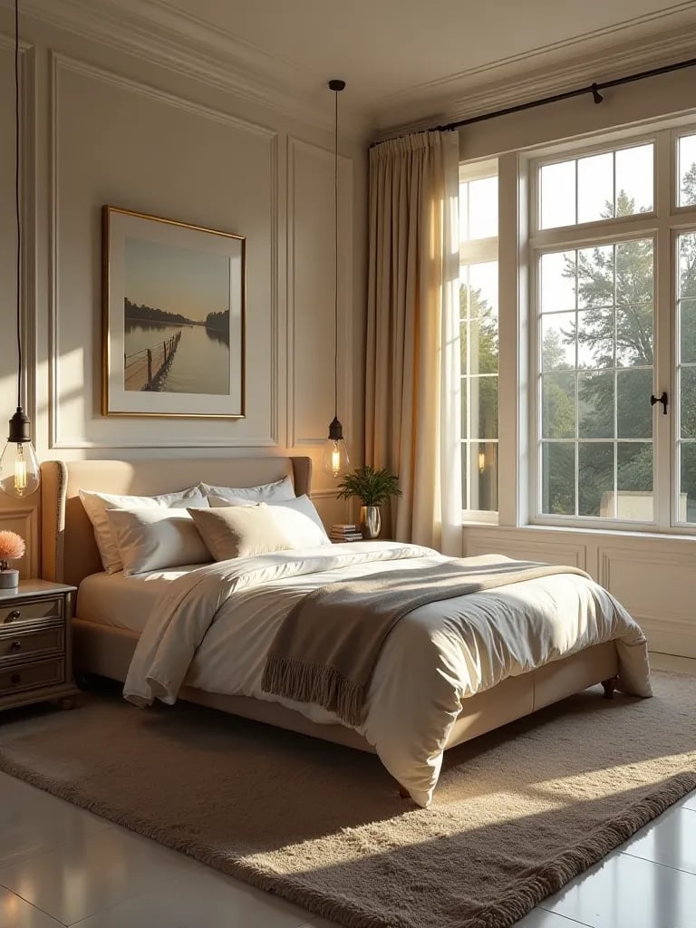 Elegant master bedroom with king size bed and matching furniture