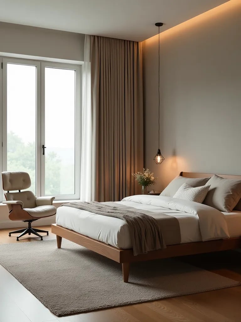 Elegant mid century bedroom with geometric lighting and teak furniture