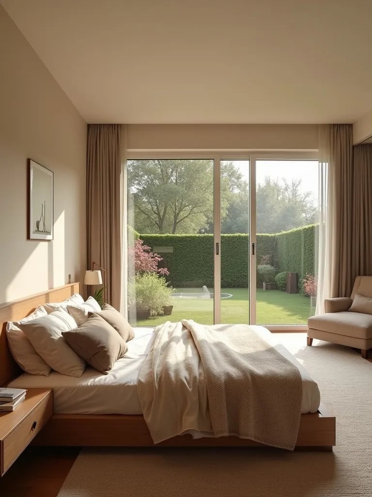 Elegant off white bedroom with textured bedding and large windows