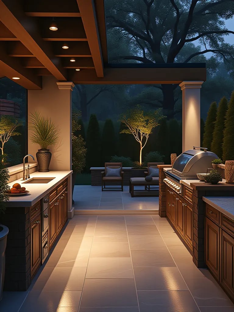 Elegant outdoor kitchen at dusk with ambient lighting and garden view