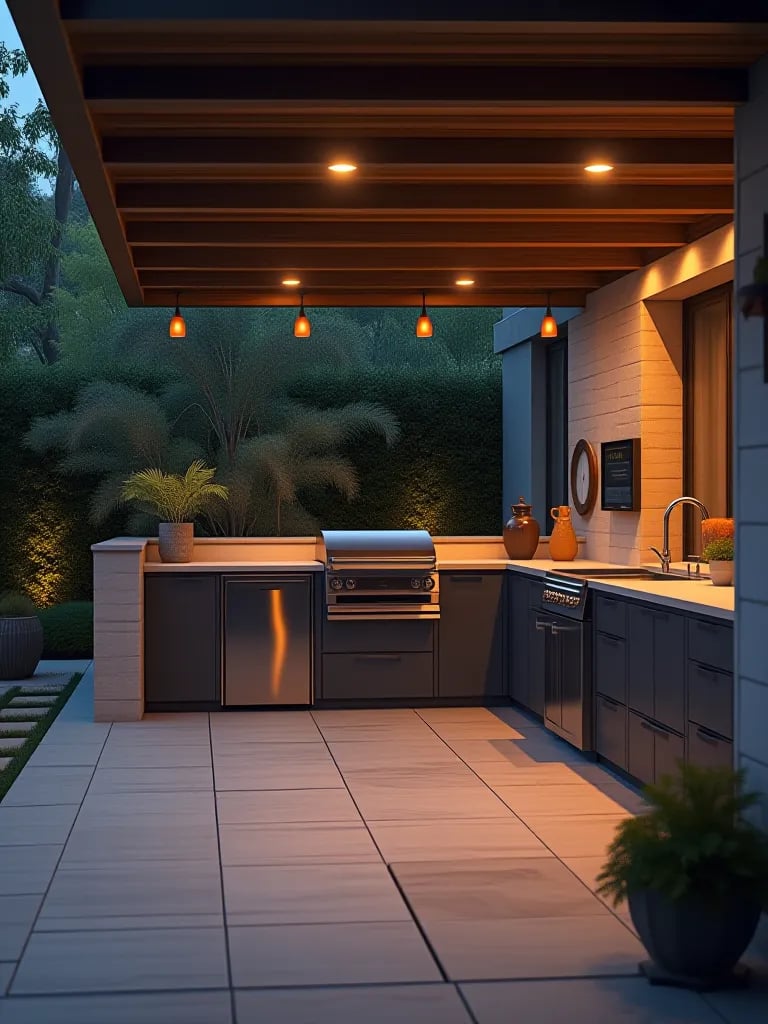 Elegant outdoor kitchen setup with high end appliances at dusk