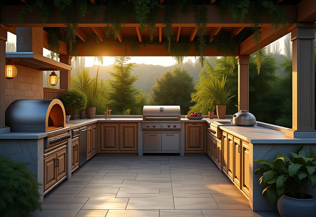 Elegant outdoor kitchen with diverse cooking options in lush setting