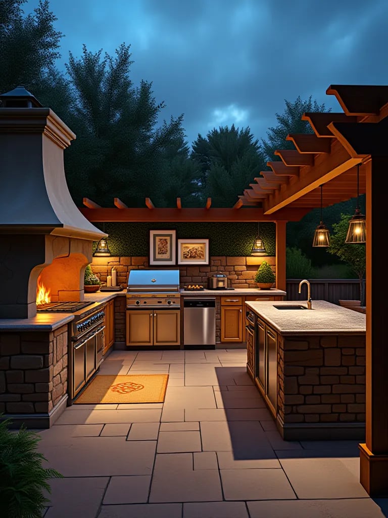 Elegant outdoor kitchen with high end appliances and ambient lighting