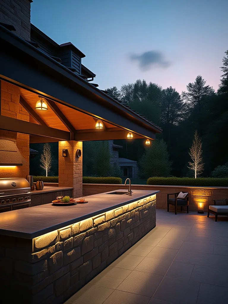 Elegant outdoor kitchen with pizza oven and soft lighting at dusk