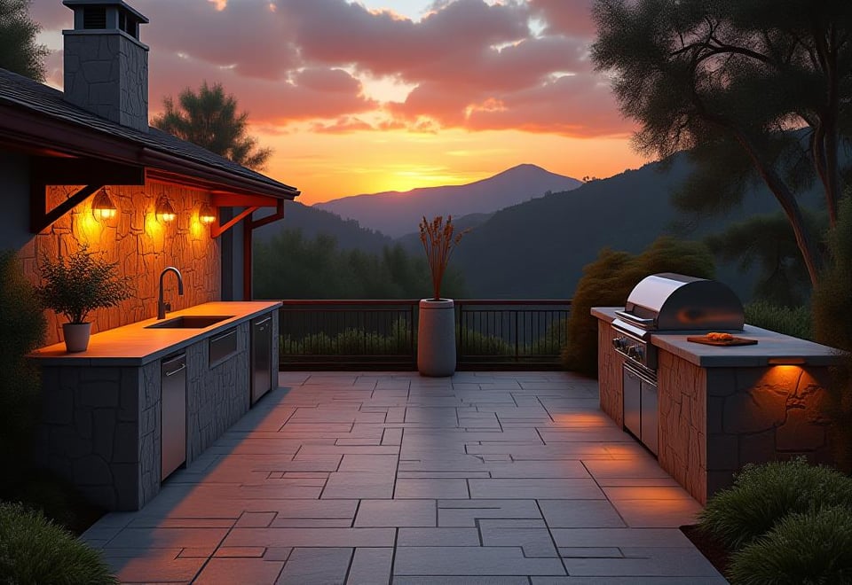 Elegant outdoor kitchen with stone countertop and built in appliances at dusk