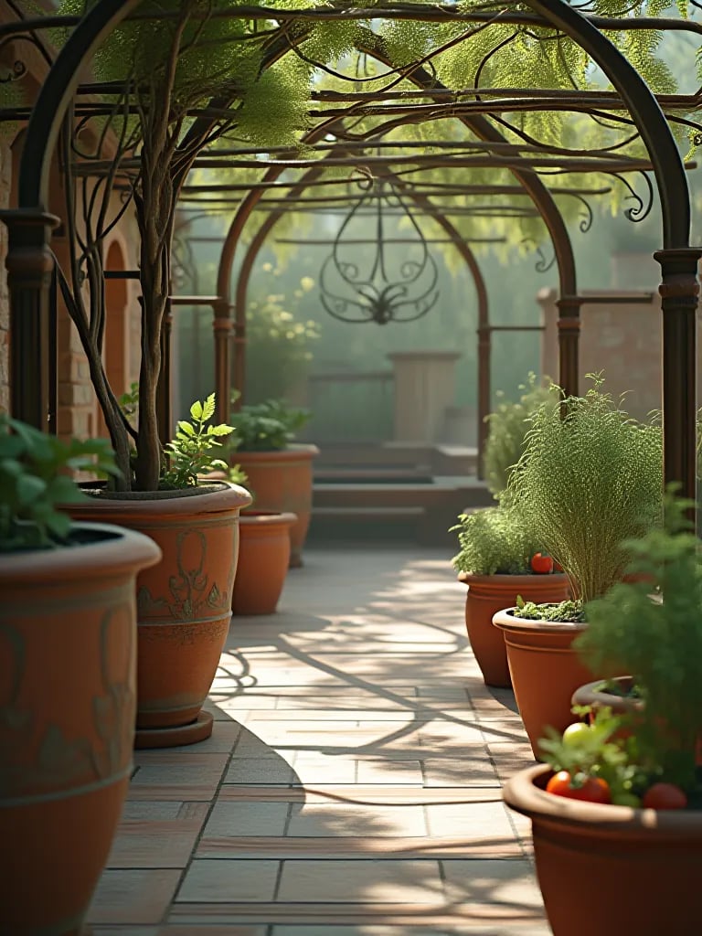 Elegant patio with terracotta pots and trellises growing Mediterranean vegetables
