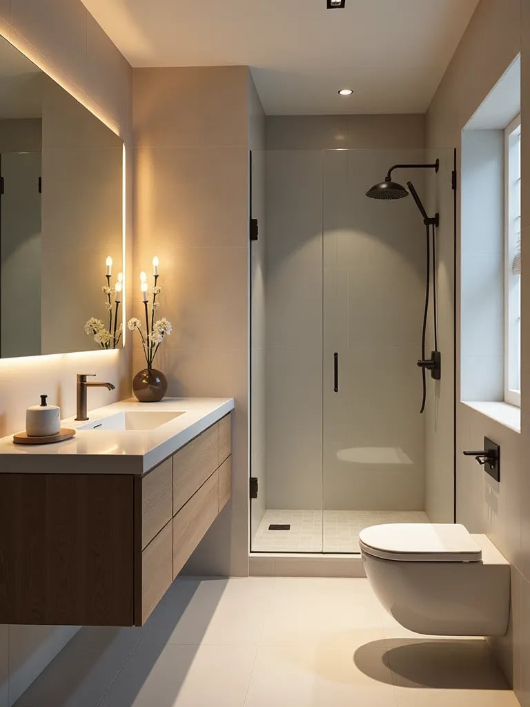Elegant small bathroom with modern fixtures and ambient lighting