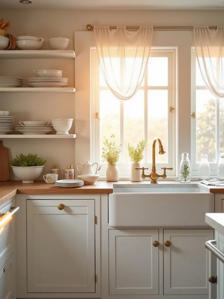 Elegant white farmhouse kitchen with brass hardware and lace curtains