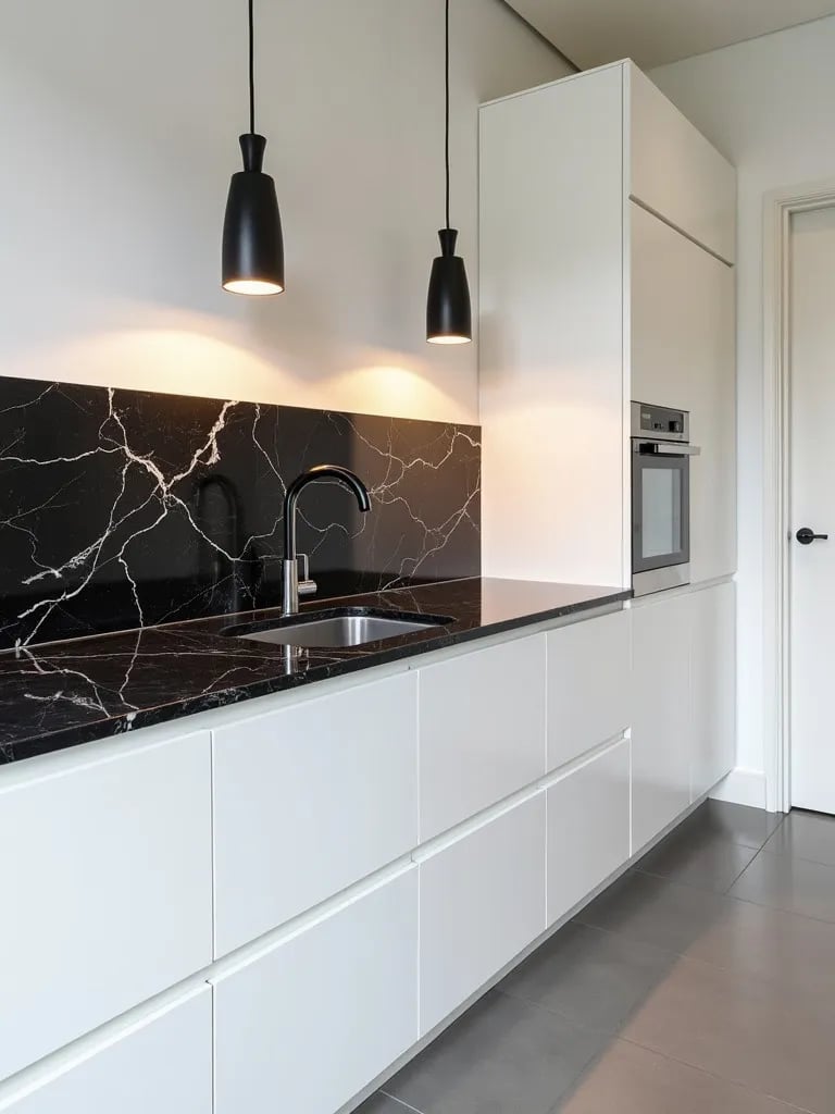Elegant white kitchen featuring black marble counters and modern lighting