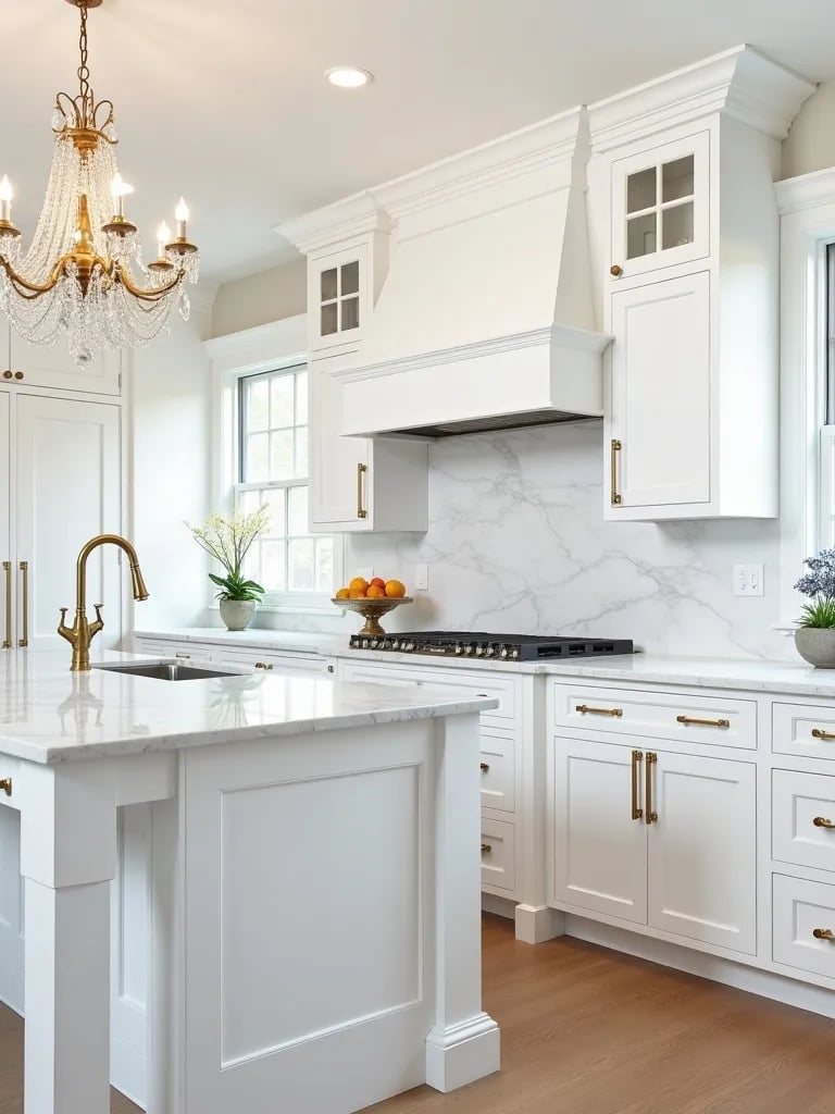Elegant white kitchen featuring gold hardware and crystal chandelier