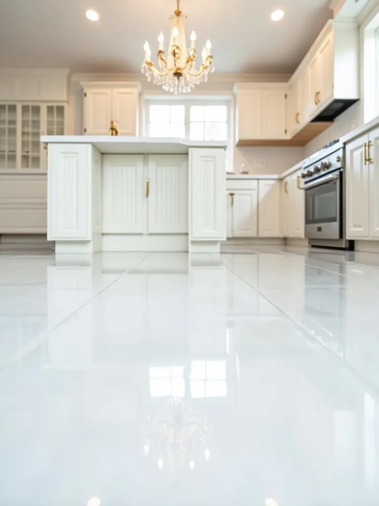 Elegant white kitchen featuring reflective white epoxy floors and gold details