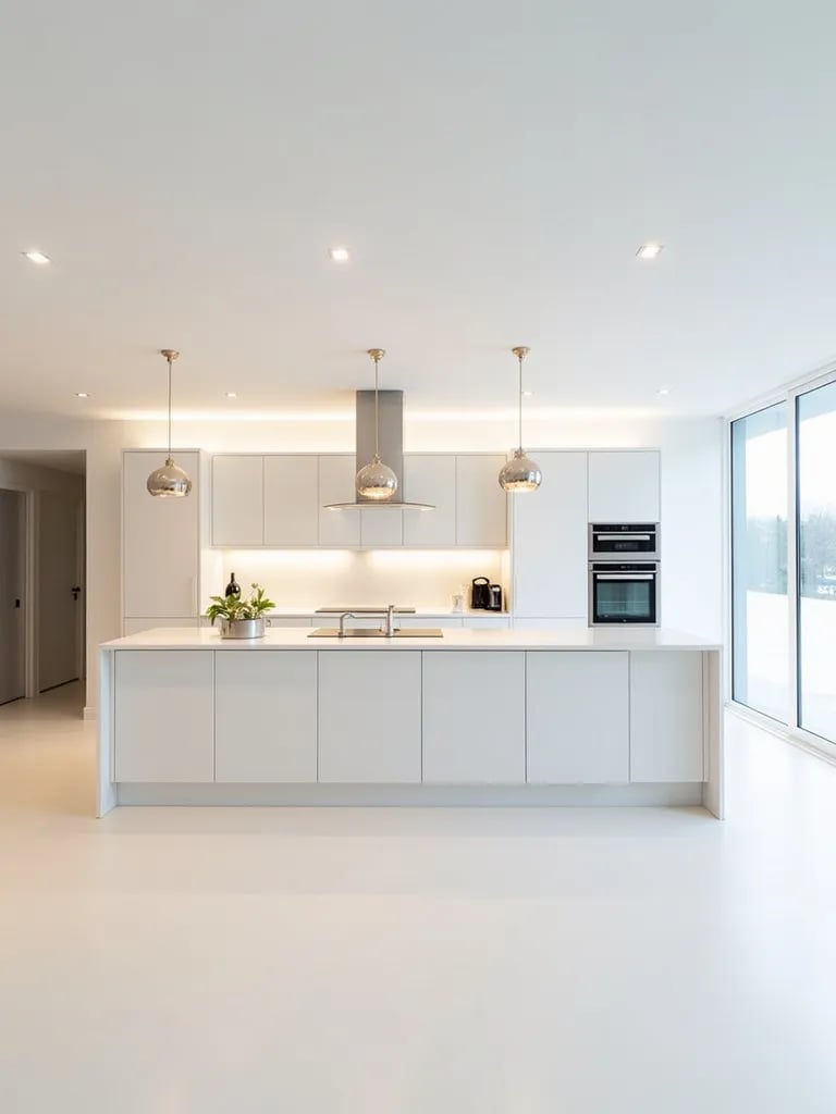 Elegant white kitchen showcasing diverse lighting solutions