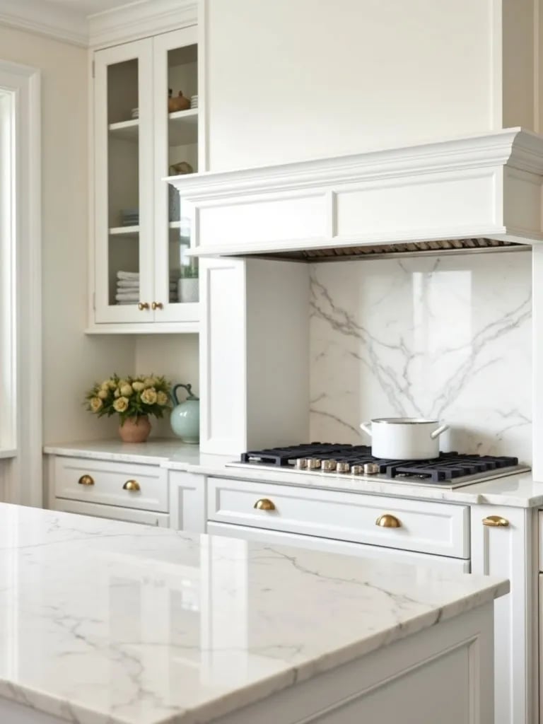 Elegant white kitchen with cream marble countertops and gold accents