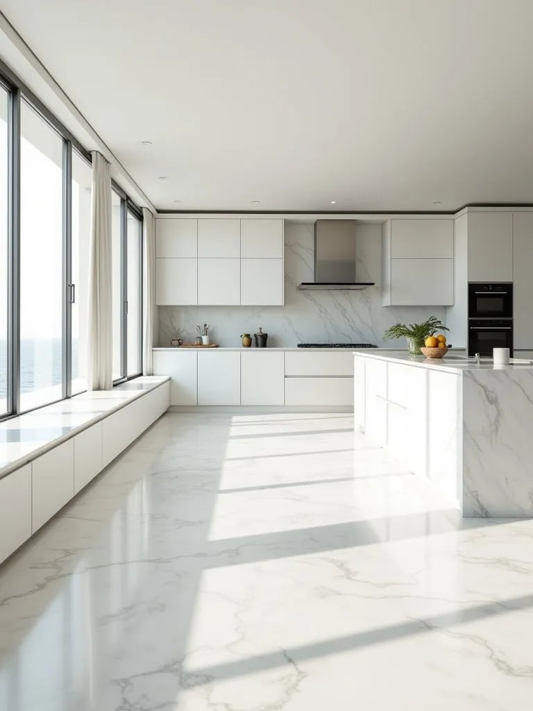 Elegant white kitchen with marble countertops and large island