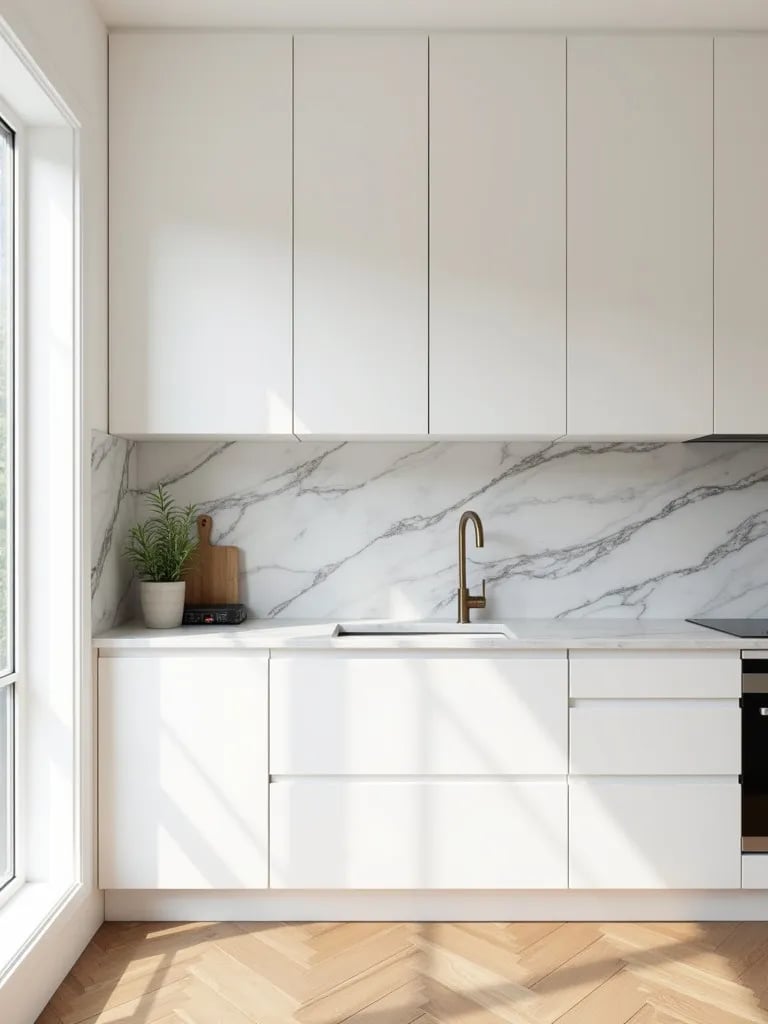 Elegant white kitchen with marble features and herringbone oak flooring