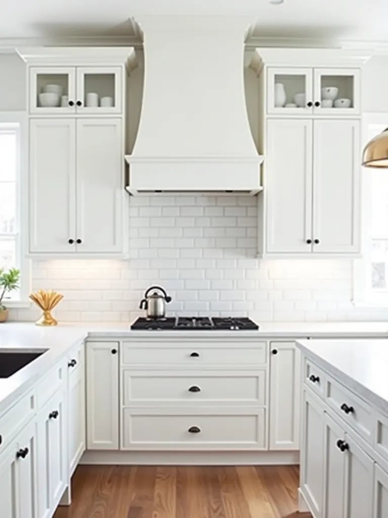 Elegant white kitchen with shaker cabinets and statement range hood