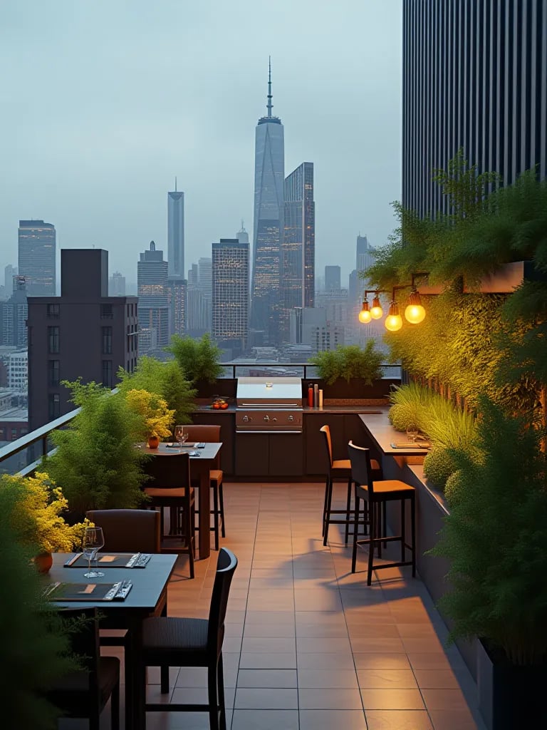 Elevated view of urban rooftop patio with small outdoor kitchen and herb garden