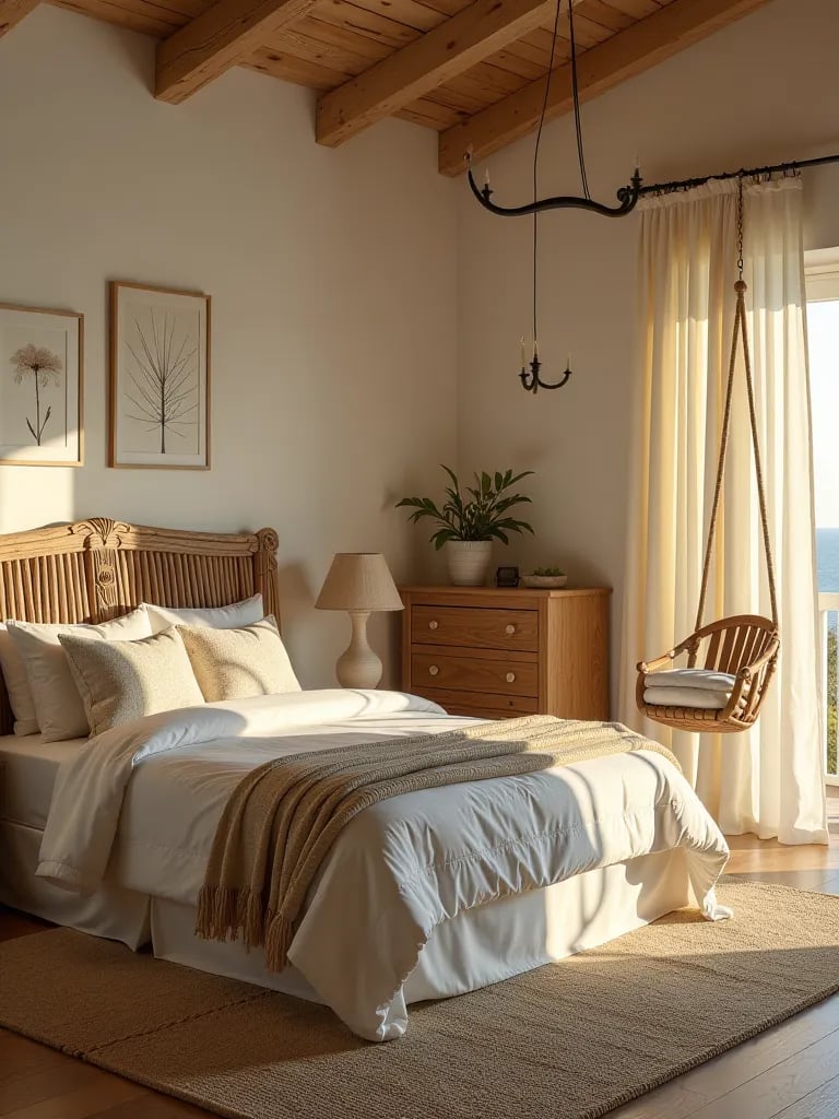 Enchanting bedroom with handmade loft bed, string lights, and rope ladder