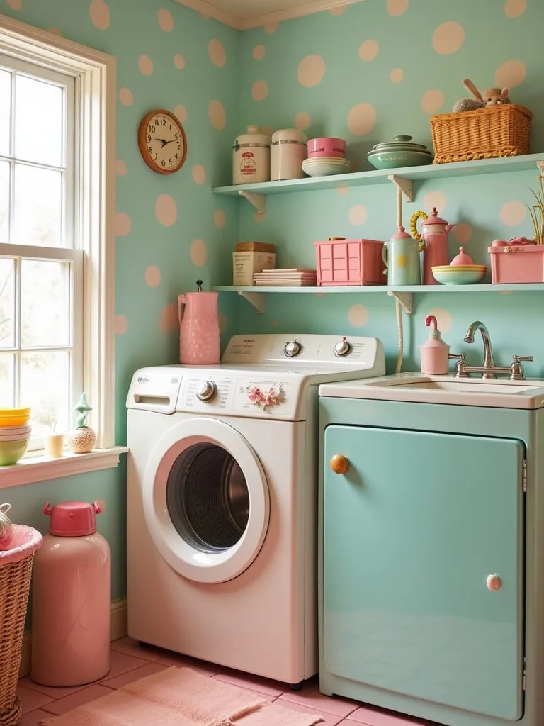 Energetic laundry room featuring polka dot wallpaper and quirky accessories
