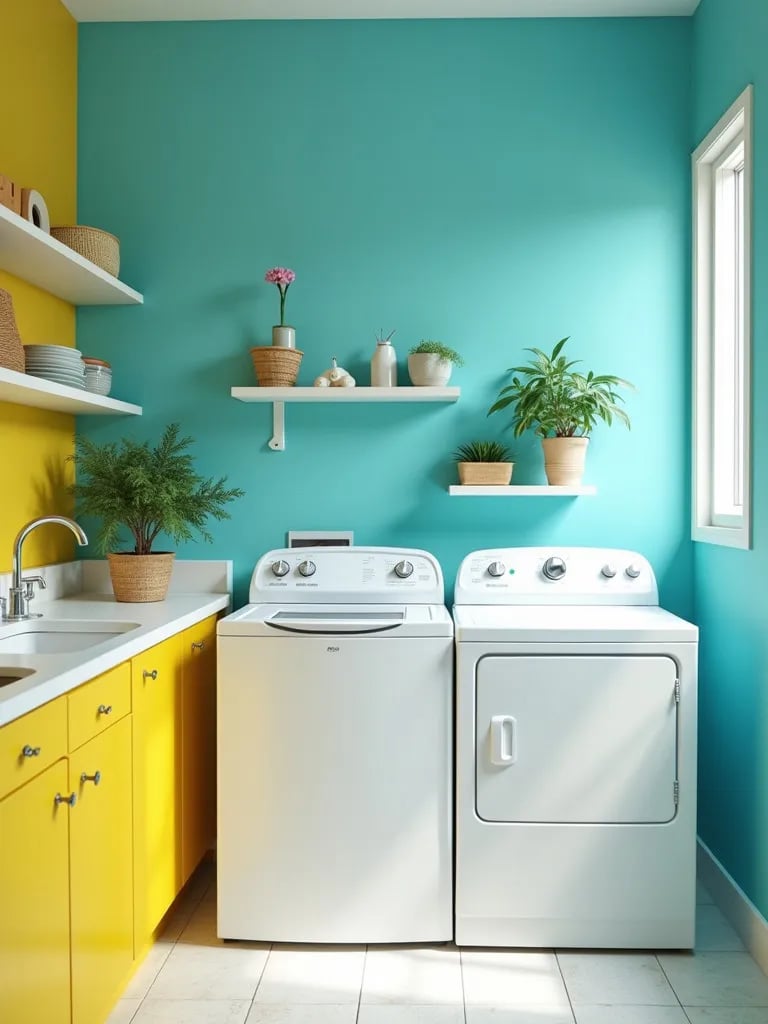 Energetic teal laundry room with white appliances and pops of yellow